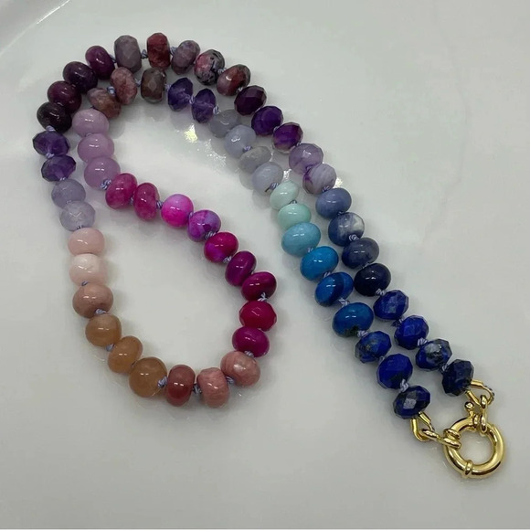 Rainbow hand knotted beaded gemstone necklace 18” blue pink purple 925 silver - Picture 7 of 7